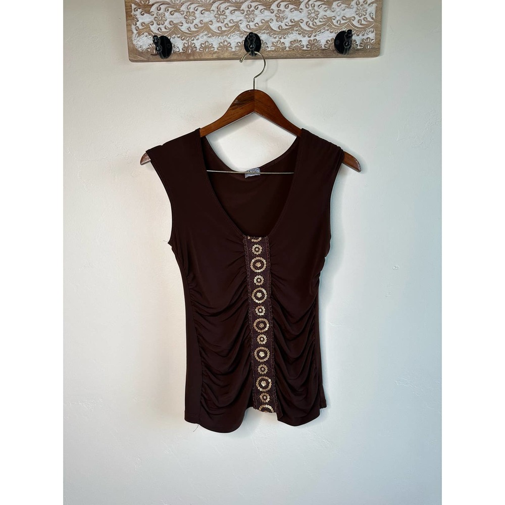 Vintage Y2K Venus Brown Sequin Ruched Stretchy Blouse Shirt Top - Picture 3 of 7